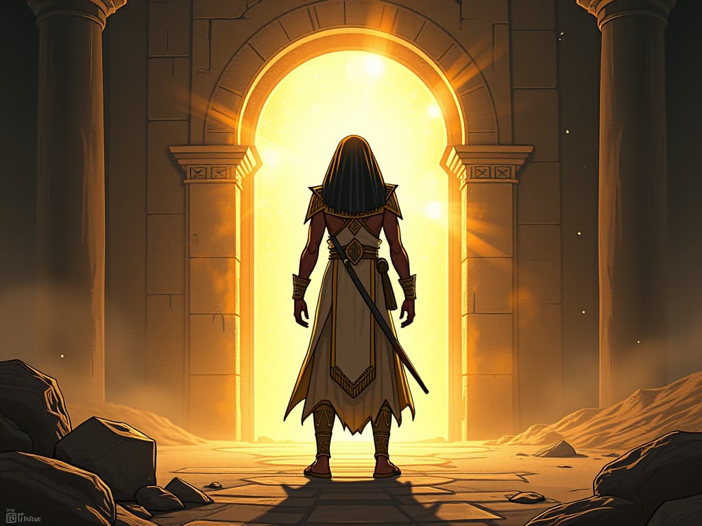  an ancient egyptian explorer, standing at a mysterious portal, glowing with otherworldly light, called to explore the unseen realms of the spirit. the style is digital art illustration / modern comic book / mysterious occult, symbolic, esoteric vibe,high detail on character design, incorporating ancient egyptian symbology and attire.