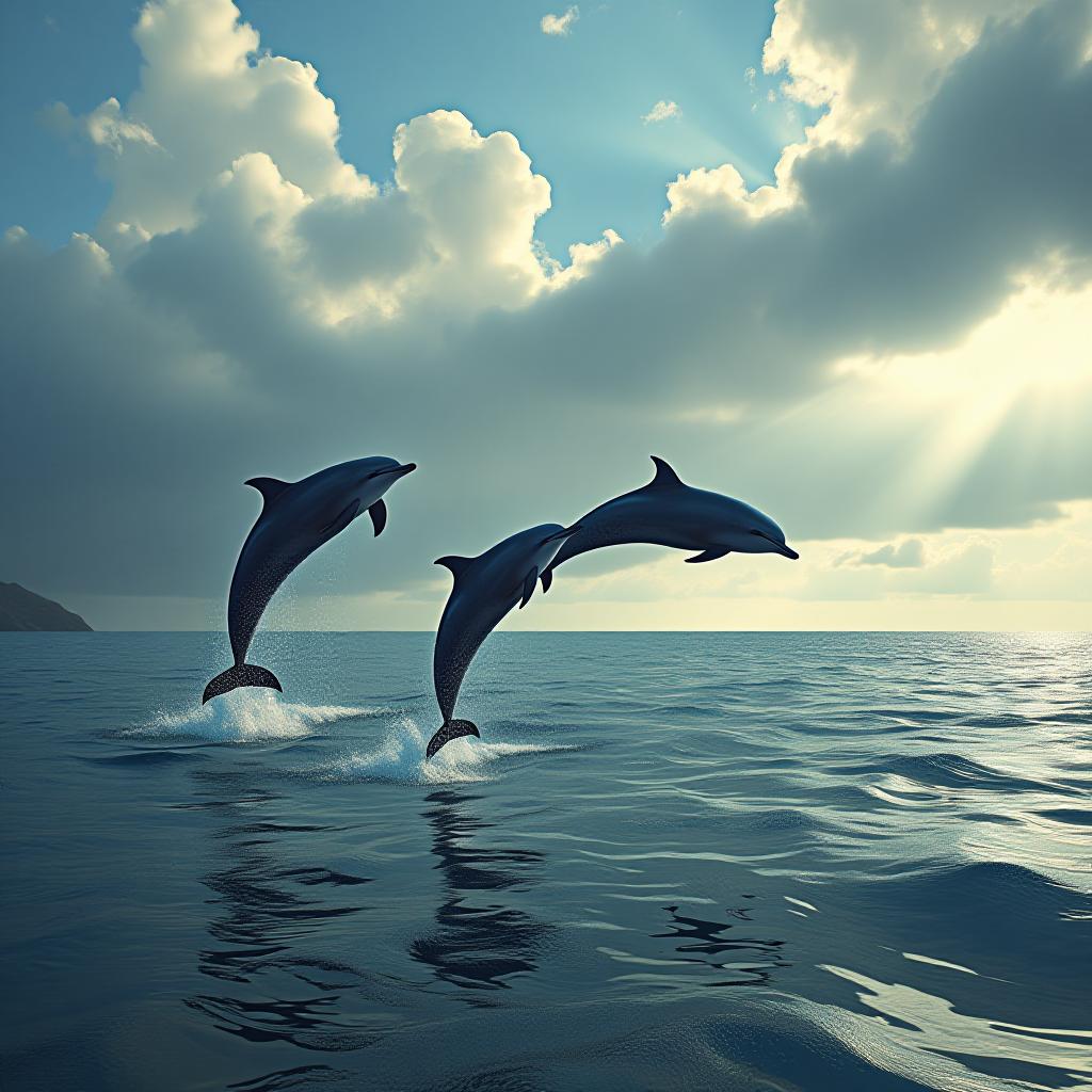  you are standing at the beach and see dolphins jumping out of the water, cloudy sky hyperrealistic, full body, detailed clothing, highly detailed, cinematic lighting, stunningly beautiful, intricate, sharp focus, f/1. 8, 85mm, (centered image composition), (professionally color graded), ((bright soft diffused light)), volumetric fog, trending on instagram, trending on tumblr, HDR 4K, 8K