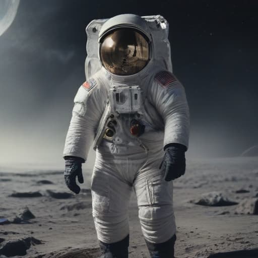 man on the moon hyperrealistic, full body, detailed clothing, highly detailed, cinematic lighting, stunningly beautiful, intricate, sharp focus, f/1. 8, 85mm, (centered image composition), (professionally color graded), ((bright soft diffused light)), volumetric fog, trending on instagram, trending on tumblr, HDR 4K, 8K