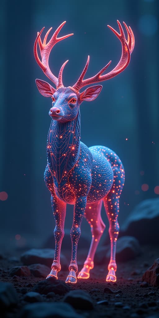  luminescent digital stag in futuristic circuit environment, high quality, high details, hd, perfect composition, 4k epic detailed, highly detailed, sharp focus, high resolution