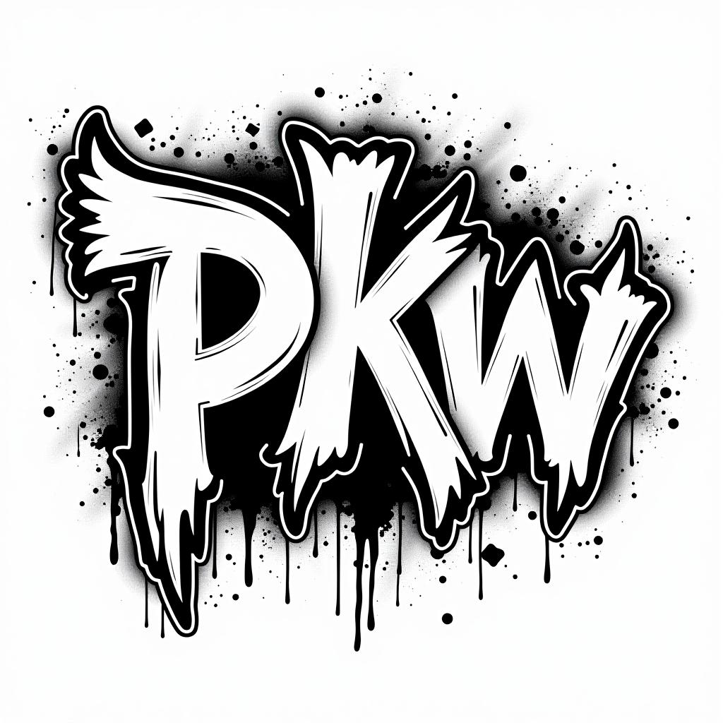  text "pkw",black and white typography logo, graffiti font, white background hyper detail, intricate details, sharp focus, high resolution, 8k, ultra detailed, vib