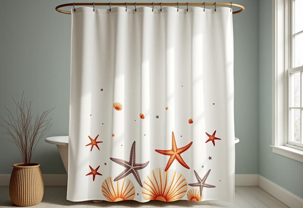  a landscape photo of a diy coastal themed shower curtain featuring hand painted watercolor seashells and starfish on a light linen background, hanging from a driftwood curtain rod hyperrealistic, full body, detailed clothing, highly detailed, cinematic lighting, stunningly beautiful, intricate, sharp focus, f/1. 8, 85mm, (centered image composition), (professionally color graded), ((bright soft diffused light)), volumetric fog, trending on instagram, trending on tumblr, HDR 4K, 8K