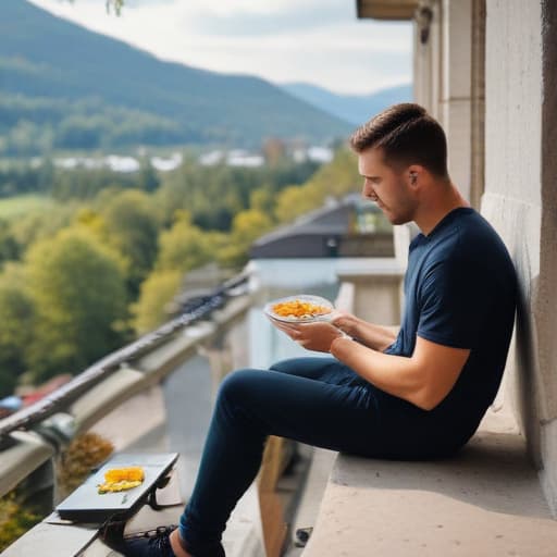 Take a break and enjoy a moment of tranquility like this man sitting on a ledge with a delicious plate of food 🍽️ #PeacefulMoments #FoodieLife #RelaxAndUnwind