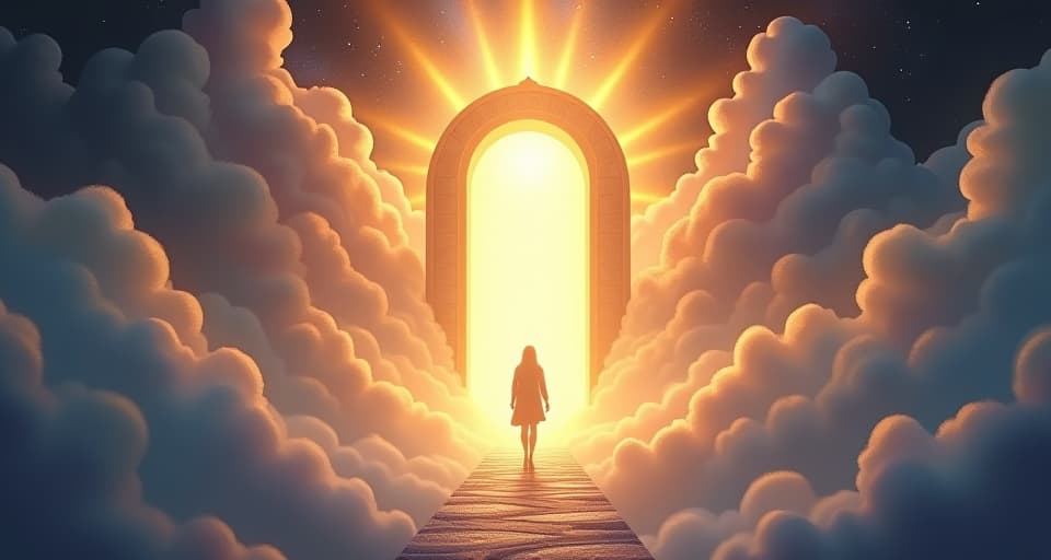  a radiant gateway of light, surrounded by celestial beings, with one figure crossing through, the atmosphere filled with divine presence and enlightenment. the style is digital art illustration,highly detailed, whimsical,magical, dreamlike atmosphere, realism and fantasy blend, smooth, glossy textures,luminous quality, wonder and enchantment.