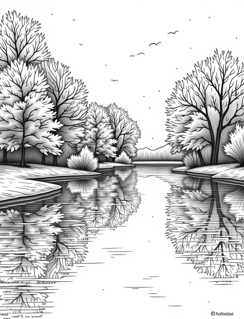  a calming lakeside scene with a reflection of autumn trees in the water, black and white line art on a white background, for an adult coloring page.