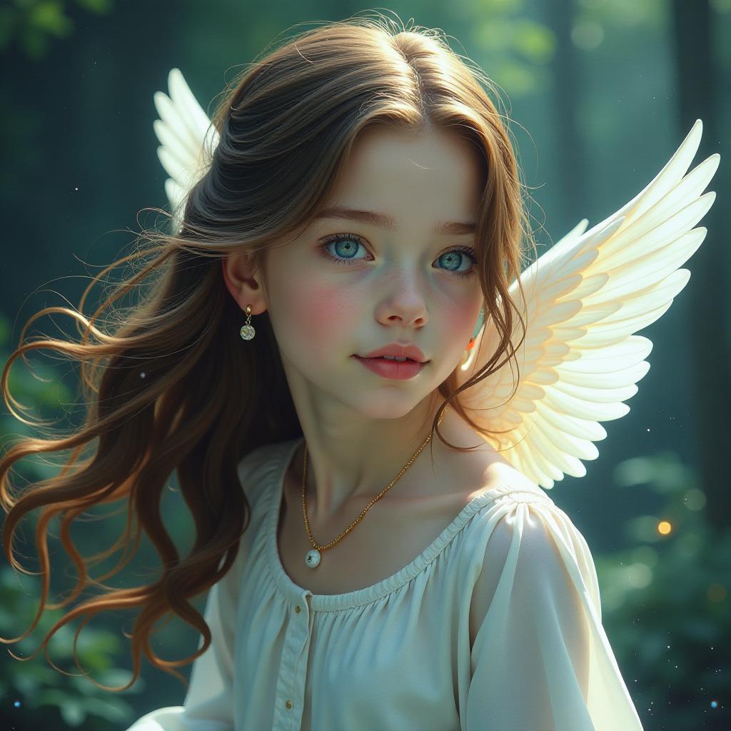  beautiful girl confidently goes forward, calm look, beautiful face, heaven, irritation of moonstone, opal, labradorite, beautiful y2k poster, silvery curves, purity forest drimcore swim in the air high detail girl angel in white painted with light, brown hair blue eyes, v. 2.0