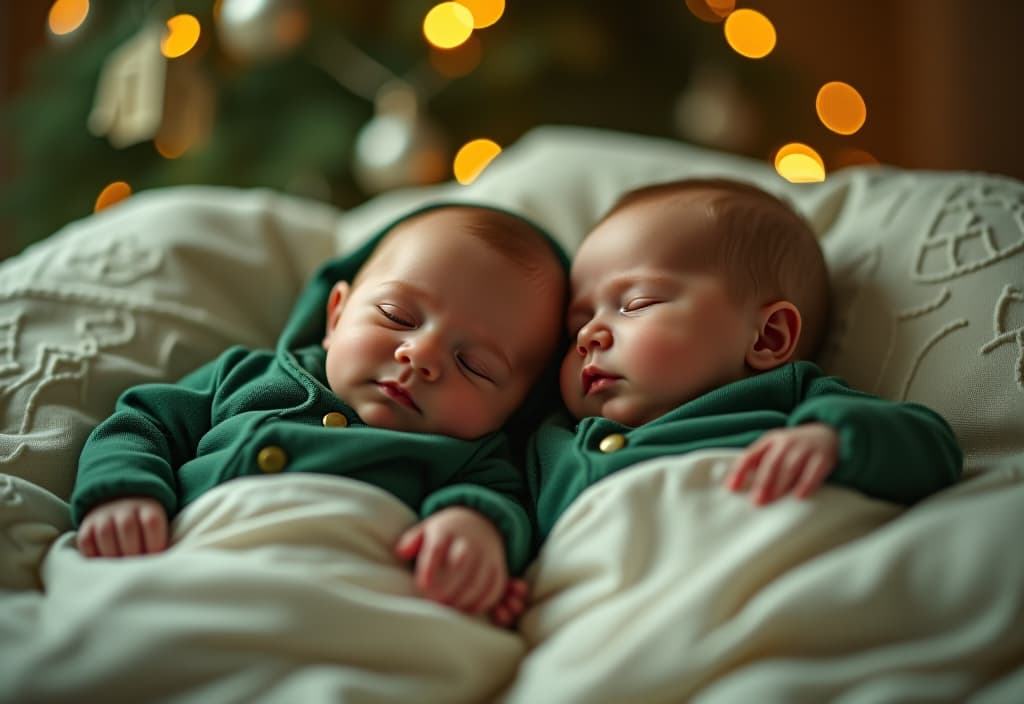  hyperrealistic art two newborn babies in green and new year suits sleep in a bed under a new day's tree. light pictures. . extremely high resolution details, photographic, realism pushed to extreme, fine texture, incredibly lifelike hyperrealistic, full body, detailed clothing, highly detailed, cinematic lighting, stunningly beautiful, intricate, sharp focus, f/1. 8, 85mm, (centered image composition), (professionally color graded), ((bright soft diffused light)), volumetric fog, trending on instagram, trending on tumblr, HDR 4K, 8K