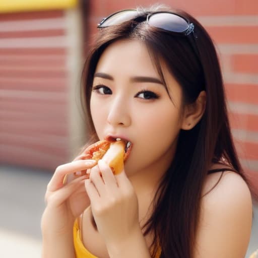 Hot asian women eating a hot dog