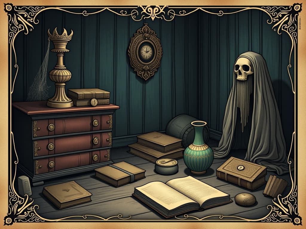  dust covered trinkets, old books, cobwebbed corners, neglected object, eerie quiet, shadows enveloping. an illustration in the style of a worn, mystical old tarot trump card, mysterious and elements of surrealism. the colors are muted, somber and eerie, but with contrast bring out an occult and esoteric vibe.