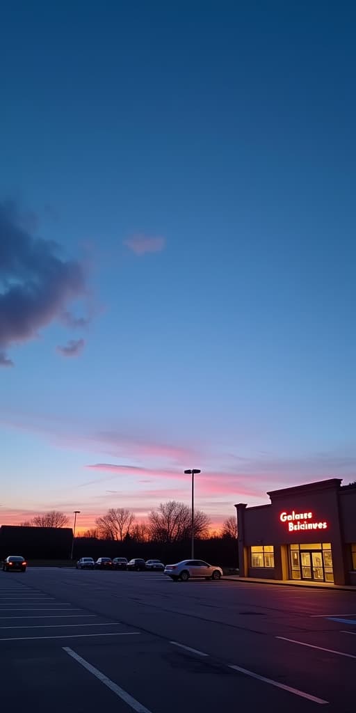  a serene dusk photograph of a parking lot, showcasing a few cars scattered across the empty space, their reflections dancing on the polished surfaces. the sky above is a captivating blend of deep blue, transitioning to lighter hues, with soft pink and white clouds floating gently. the buildings in the background are lit with warm, inviting illumination, their signs casting a soft glow into the calming evening atmosphere. the muted and balanced colors create a sense of tranquility and quietude, reflecting the beauty of a peaceful nightfall