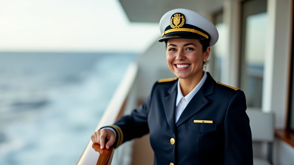  happy and proud female captain in professional uniform on a cruise liner during the sea trip. leadership in water