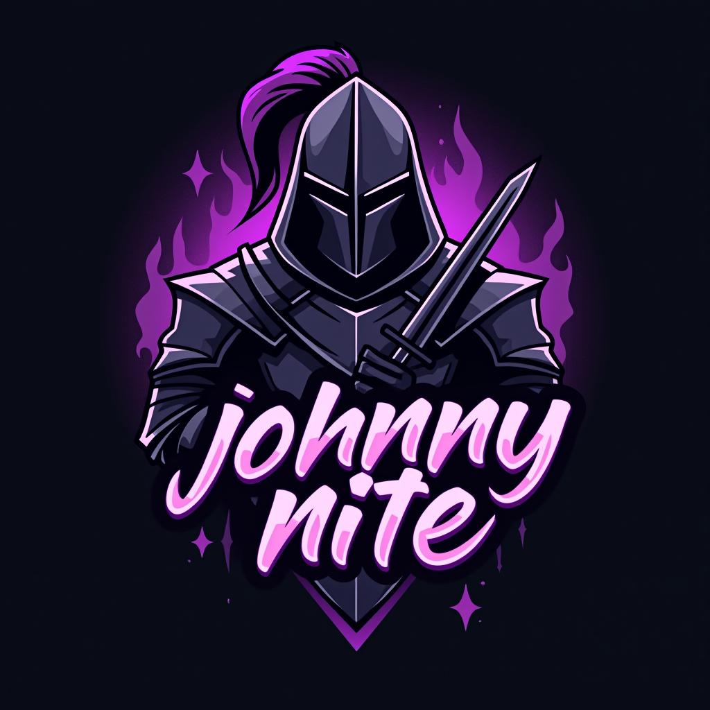  design a logo, in a geometric style. knight black and purple graffiti, with the text 'johnny nite '.