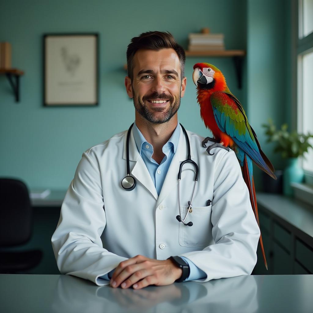  professional detailed photography, veterinarian man sitting at table in veterinary clinic with colorful parrot sitting on his shoulder, (muted colors, dim colors, soothing tones), (vsco:0.3)