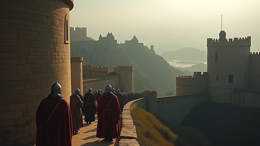  images about historical curiosities, a busy medieval fortress, symbolizing the knights templar’s secure havens for weary pilgrims. hyperrealistic, full body, detailed clothing, highly detailed, cinematic lighting, stunningly beautiful, intricate, sharp focus, f/1. 8, 85mm, (centered image composition), (professionally color graded), ((bright soft diffused light)), volumetric fog, trending on instagram, trending on tumblr, HDR 4K, 8K