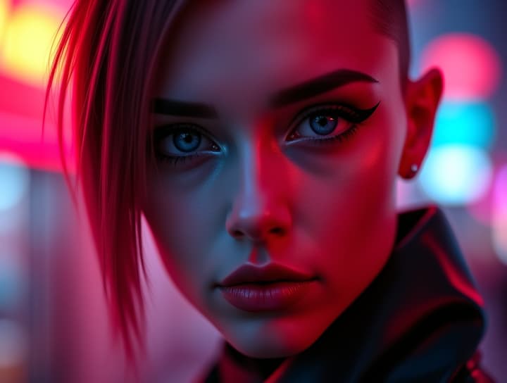  ultra realistic close up portrait ((beautiful pale cyberpunk female with heavy black eyeliner)), blue eyes, shaved side haircut, hyper detail, cinematic lighting, magic neon, dark red city, canon eos r3, nikon, f/1.4, iso 200, 1/160s, 8k, raw, unedited, symmetrical balance, in frame, 8k hyperrealistic, full body, detailed clothing, highly detailed, cinematic lighting, stunningly beautiful, intricate, sharp focus, f/1. 8, 85mm, (centered image composition), (professionally color graded), ((bright soft diffused light)), volumetric fog, trending on instagram, trending on tumblr, HDR 4K, 8K