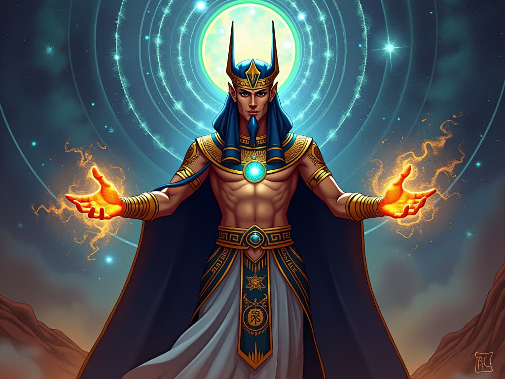  figure of immense authority, in elaborate ancient attire, commanding the forces of the universe, celestial energies swirling, scene of cosmic power. the style is digital art illustration / modern comic book / mysterious occult, symbolic, esoteric vibe,high detail on character design, incorporating ancient egyptian symbology and attire.