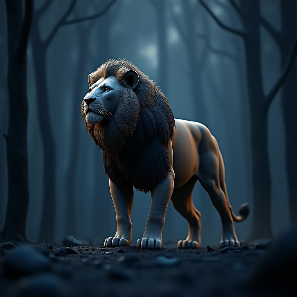  3d rendering a wild lion on the night forest isolated abstract dramatic background.