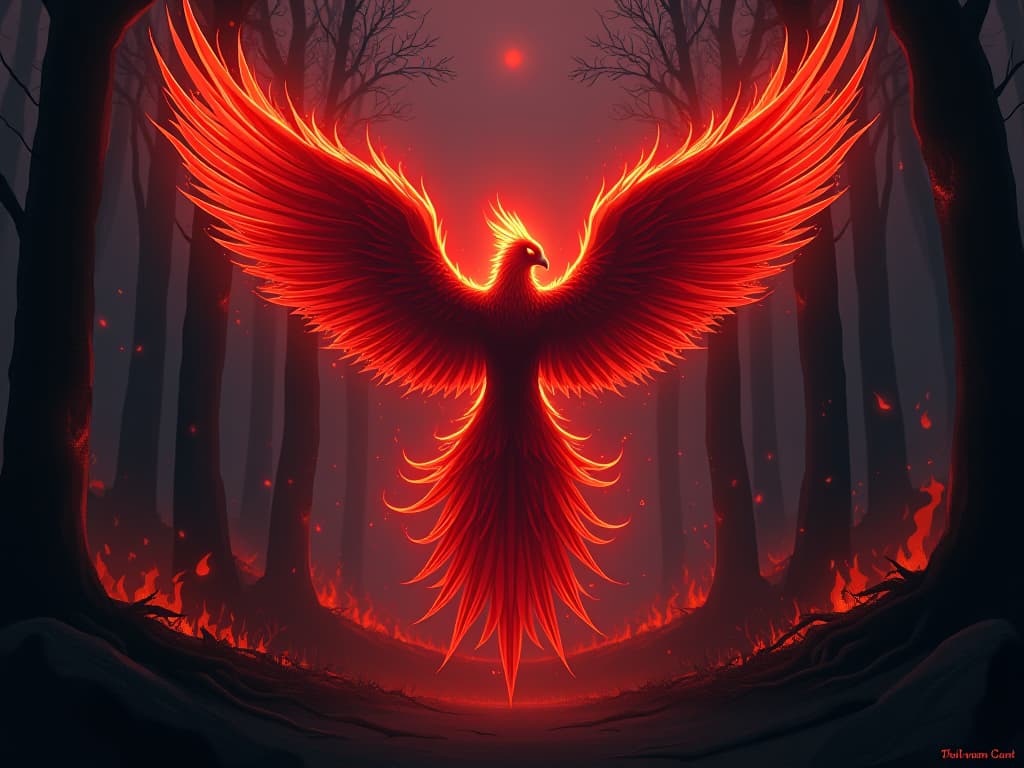  phoenix in red flames, rising from a burning forest, transformation and growth, intense energy. the style is digital art illustration / modern comic book / graphic dark novel fantasy and mysterious occult, symbolic, moody lighting, esoteric vibe,high detail on character design. for the color scheme emphasize blacks and reds.