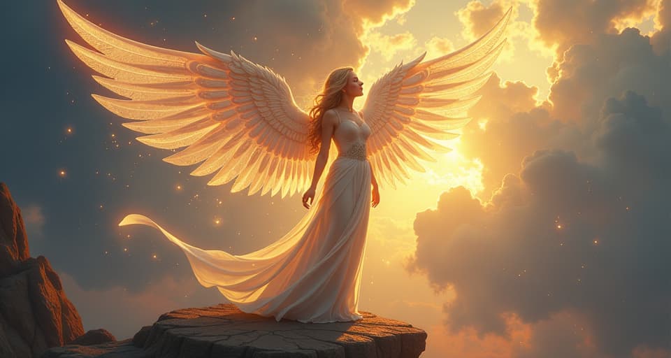  a radiant being with intricate, glowing wings, standing on a celestial platform. she looks towards the horizon, ready for greater things, determined and ethereal, divine positioning.. the style is digital art illustration,highly detailed, whimsical,magical, dreamlike atmosphere, realism and fantasy blend, smooth, glossy textures,luminous quality, wonder and enchantment.