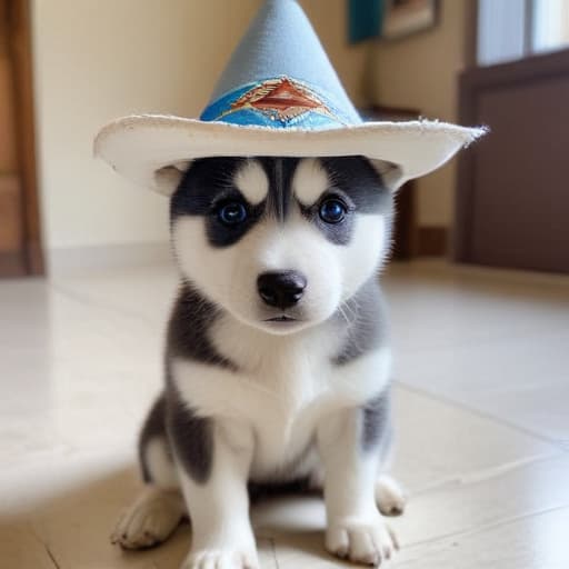 Perro huskey de 6 meses ojos azules café con blanco con sombrero mexicano adoptado por robot