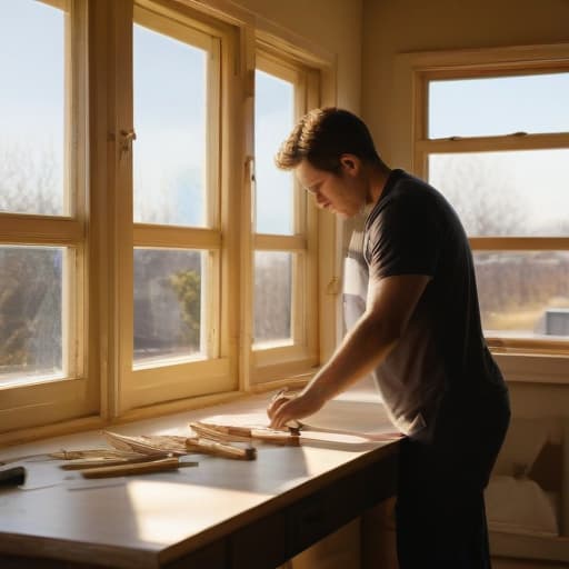 A photo of a skilled window installer meticulously measuring a frame in a modern home office during the late afternoon, with soft golden sunlight streaming through the window, casting warm shadows across the tools and materials laid out on the desk.