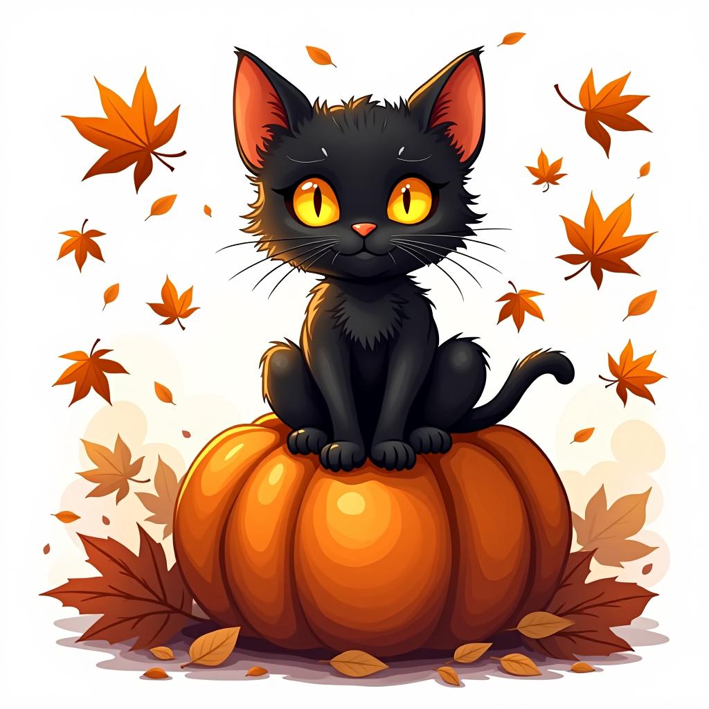  a cute black cat with glowing eyes sitting on a pumpkin, surrounded by swirling autumn leaves in a whimsical style, with warm, moody lighting. t shirt design, vector, contour, white background, no mockup hyperrealistic, full body, detailed clothing, highly detailed, cinematic lighting, stunningly beautiful, intricate, sharp focus, f/1. 8, 85mm, (centered image composition), (professionally color graded), ((bright soft diffused light)), volumetric fog, trending on instagram, trending on tumblr, HDR 4K, 8K