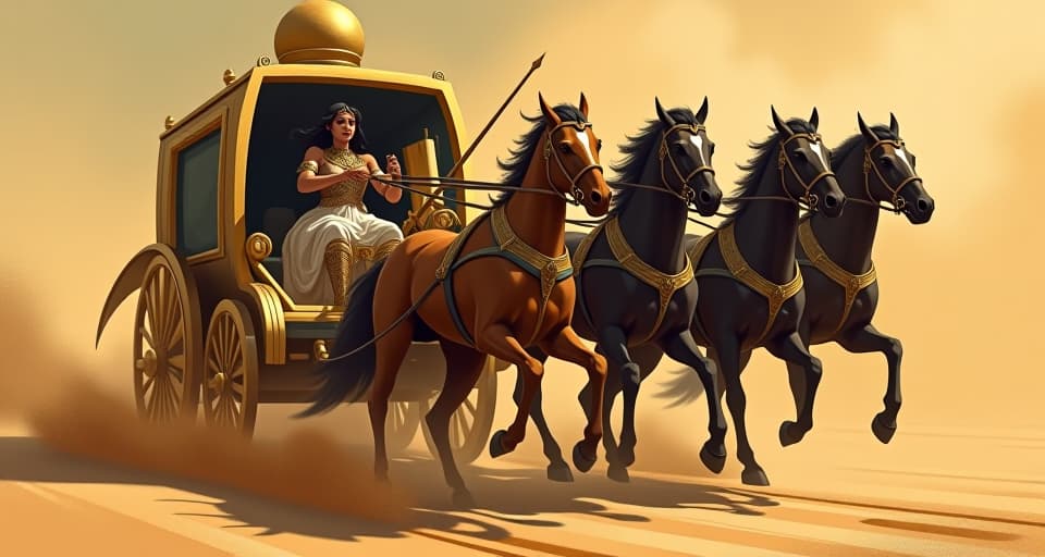  elegant chariot pulled by mystical horses, driven by a large busted warrior queen in tight armor, racing forward with determination, surroundings blur, aura of progress. the style is digital art illustration / modern comic book / mysterious occult, symbolic, esoteric vibe,high detail on character design, incorporating ancient egyptian symbology and attire.