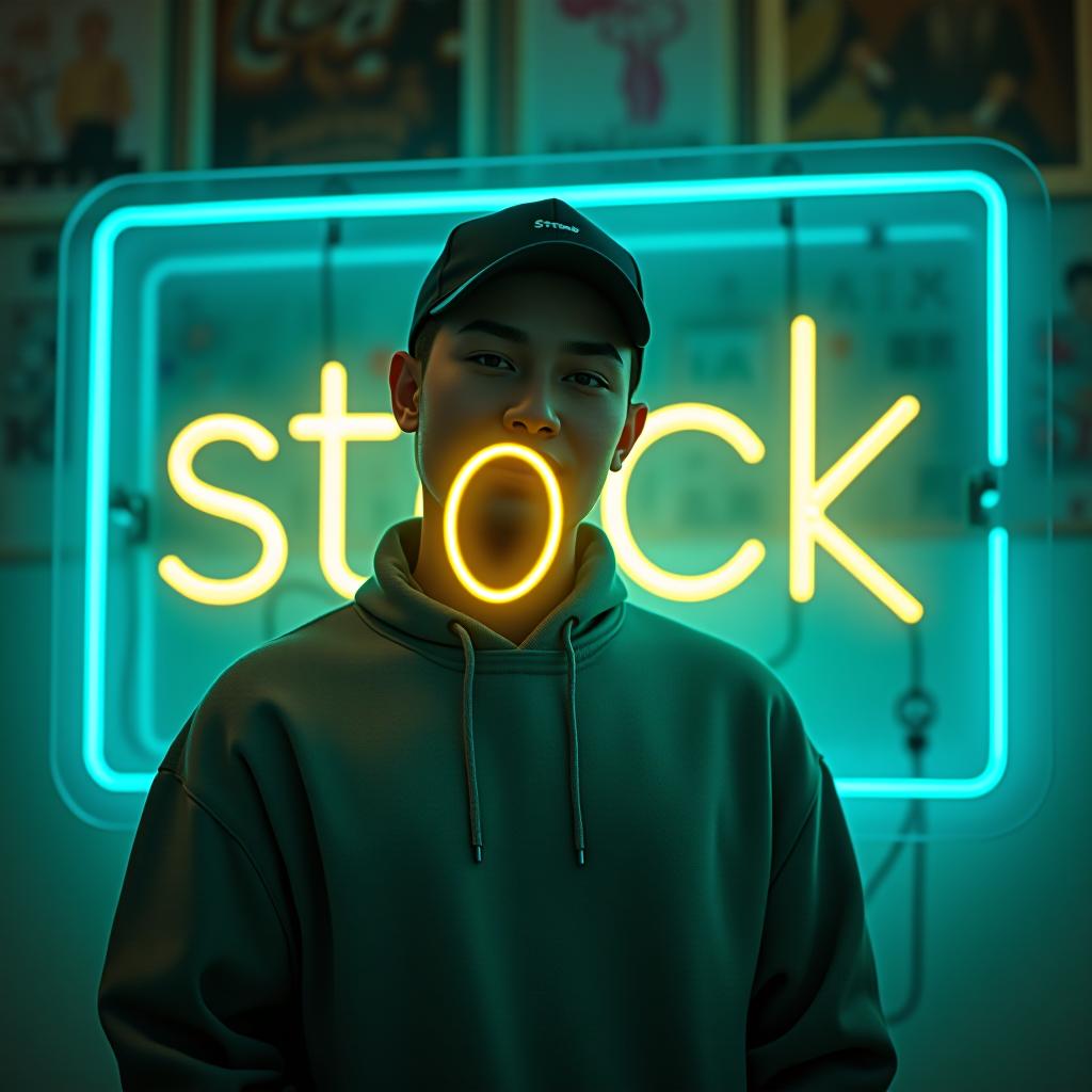  a turquoise big neon sign with the text “stock ai” hyperrealistic, full body, detailed clothing, highly detailed, cinematic lighting, stunningly beautiful, intricate, sharp focus, f/1. 8, 85mm, (centered image composition), (professionally color graded), ((bright soft diffused light)), volumetric fog, trending on instagram, trending on tumblr, HDR 4K, 8K