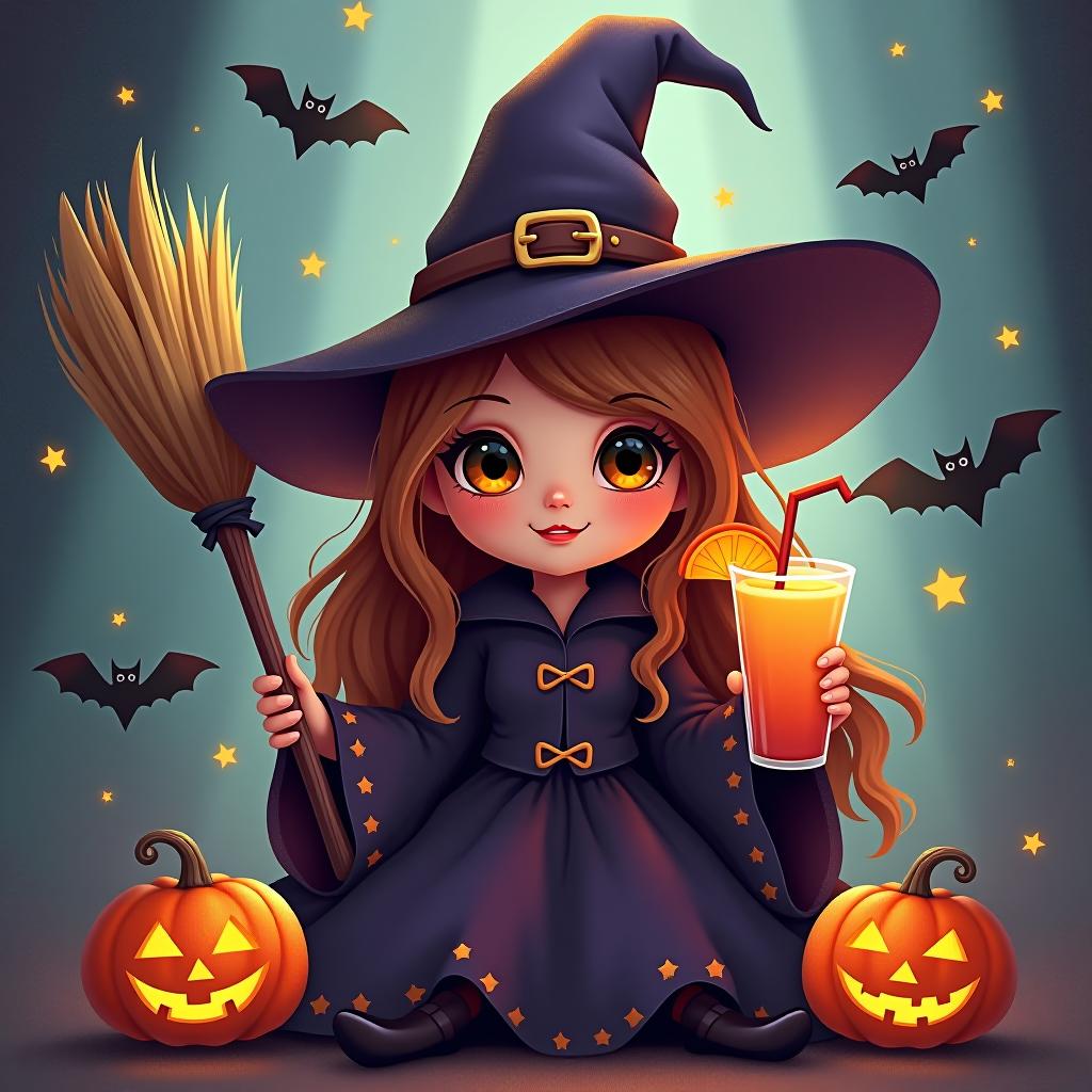  create a digital painting featuring a cute witch character. the witch should be wearing a hat. in one hand, the witch should hold a broomstick, and in the other hand, a halloween themed drink. the background should be colorful and include small black bats, pumpkins and stars to add a playful halloween touch. the overall style should be cute, whimsical, and colorful hyperrealistic, full body, detailed clothing, highly detailed, cinematic lighting, stunningly beautiful, intricate, sharp focus, f/1. 8, 85mm, (centered image composition), (professionally color graded), ((bright soft diffused light)), volumetric fog, trending on instagram, trending on tumblr, HDR 4K, 8K