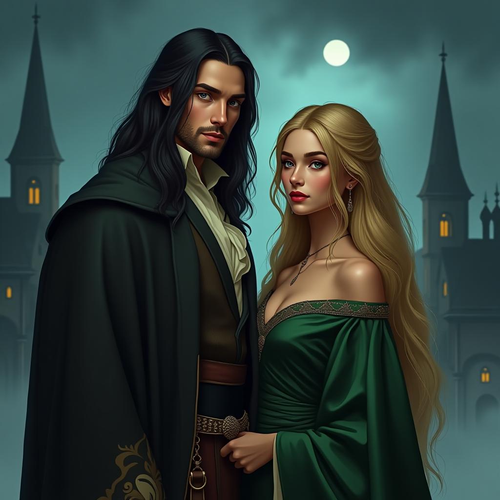  breathtaking a beautiful tall man with long black hair, light gray eyes, no beard, no mustache, in aristocratic clothes stands next to a young blonde with long blonde hair in a green luxurious dress, full height, against the background of a medieval city, night, moon in the sky, fantasy, tolkien, jared leto, bill kaulitz, fog, gothic atmosphere, romance, passion, love . award winning, professional, highly detailed