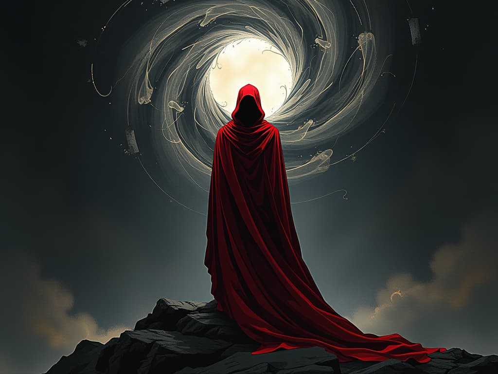  figure in red cloak, surrounded by swirling memories, standing resolute, ambiance of past and present juxtaposed. the style is digital art illustration / modern comic book / graphic dark novel fantasy and mysterious occult, symbolic, moody lighting, esoteric vibe,high detail on character design. for the color scheme emphasize blacks and reds.