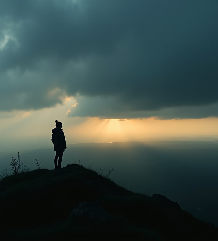  une personne debout au sommet d'une colline, sous un ciel sombre et orageux. elle est seule, trempée par la pluie, les vêtements en lambeaux, mais elle regarde au loin avec détermination. À l'horizon, les premiers rayons de soleil commencent à percer les nuages noirs, symbolisant l'espoir après une période difficile.