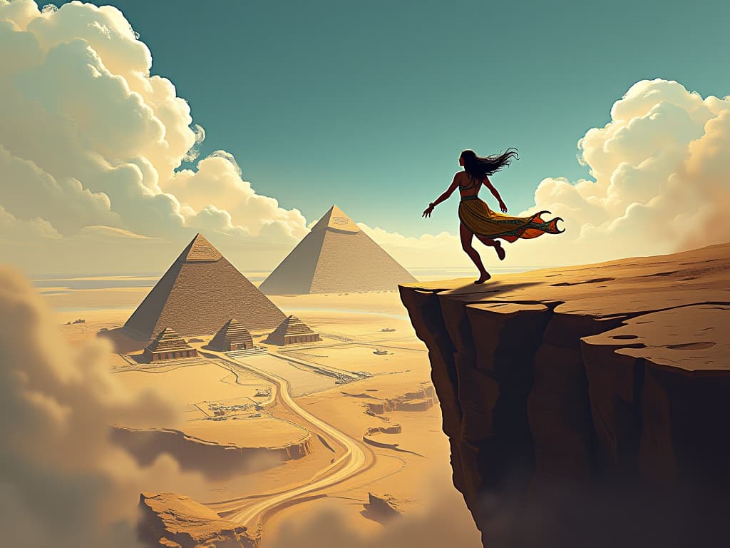  a person leaping off a cliff, the vast unknown below, pyramids in the distance, feeling of daring and rethinking life's path. the style is digital art illustration / modern comic book / mysterious occult, symbolic, esoteric vibe,high detail on character design, incorporating ancient egyptian symbology and attire.