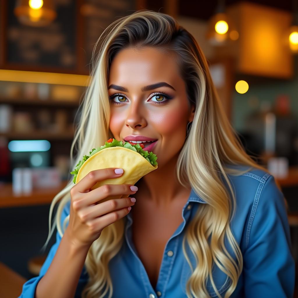  make an image of a long blonde haired woman and tan olive skin with dark brown eyes dressed in blue eating one taco at the restaurant