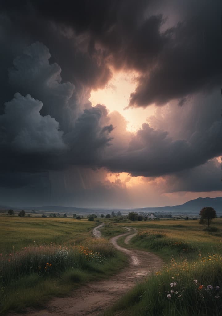 Create a melancholic landscape wallpaper with fading colors and dark clouds. highly detailed,studio lighting,professional,vivid colors, cinematic lighting, HDR, UHD, 4K, 8k, 64K