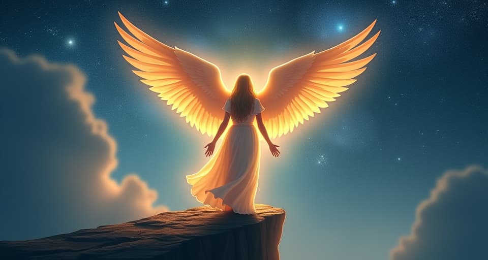  a radiant guardian angel with large, glowing wings, standing at the edge of a cliff. behind her, a vast, star studded sky, symbolizing the unstoppable gift of light and protection.. the style is digital art illustration,highly detailed, whimsical,magical, dreamlike atmosphere, realism and fantasy blend, smooth, glossy textures,luminous quality, wonder and enchantment.