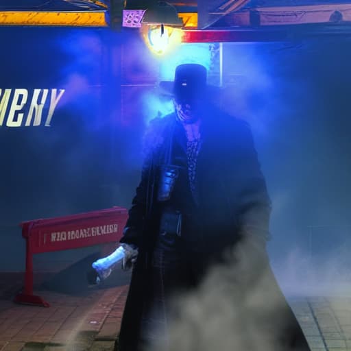 undertaker with lighting hyperrealistic, full body, detailed clothing, highly detailed, cinematic lighting, stunningly beautiful, intricate, sharp focus, f/1. 8, 85mm, (centered image composition), (professionally color graded), ((bright soft diffused light)), volumetric fog, trending on instagram, trending on tumblr, HDR 4K, 8K