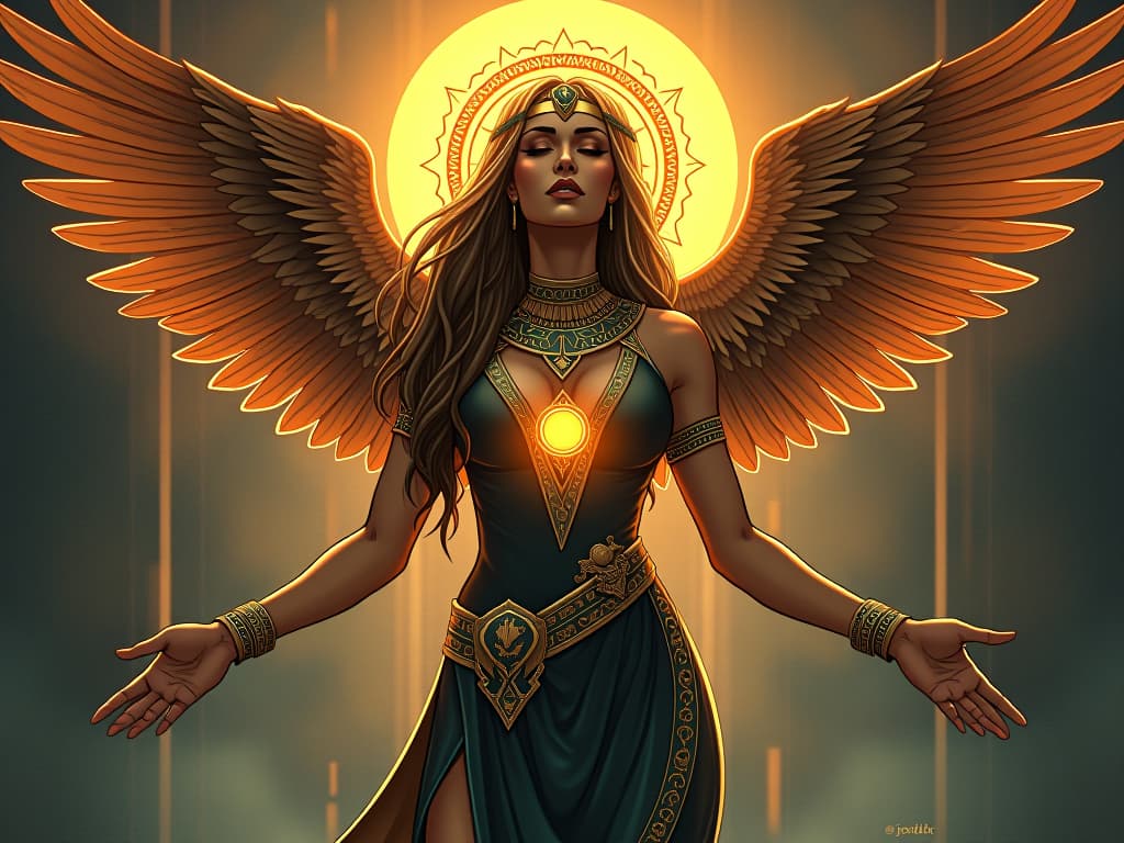  a radiant goddess in a tight fitting gown, surrounded by ancient symbols of power, eyes closed in deep thought, symbolizing the powerful force for change that her empathy represents.. the style is digital art illustration / modern comic book / mysterious occult, symbolic, esoteric vibe,high detail on character design, incorporating ancient egyptian symbology and attire.