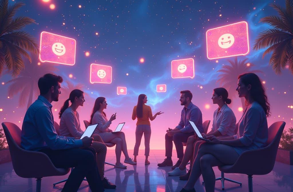  "create a futuristic scene of a vibrant digital landscape representing an open virtual space for conversation, filled with friendly, glowing chat bubbles of varying sizes. in the center, a diverse group of people of different ages and ethnicities are engaged in animated discussions, surrounded by elements like floating holographic screens displaying emotive ai avatars. the background features swirling patterns of light and color, symbolizing the limitless potential of technology in enhancing communication and connection." hyperrealistic, full body, detailed clothing, highly detailed, cinematic lighting, stunningly beautiful, intricate, sharp focus, f/1. 8, 85mm, (centered image composition), (professionally color graded), ((bright soft diffused light)), volumetric fog, trending on instagram, trending on tumblr, HDR 4K, 8K