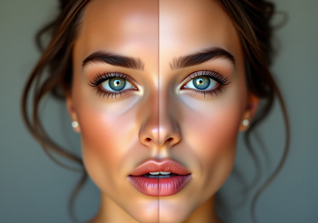  before and after beauty. a compelling split face portrait of a woman, one side with natural skin including freckles and the other side showcasing a flawless makeup look