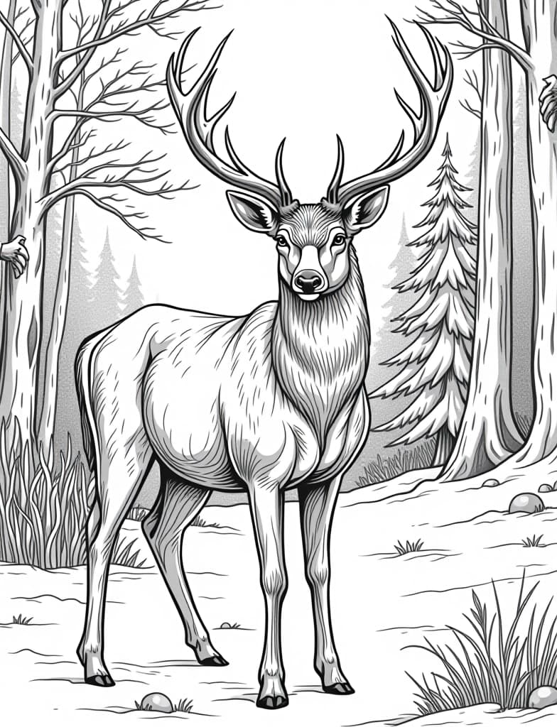  this is for an adult coloring page. a detailed black and white line art of a snowy deer standing in the snow near a forest edge on a solid white background.