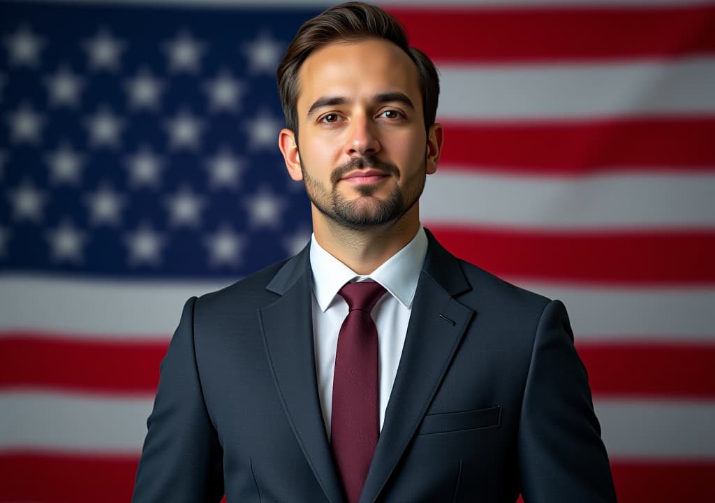  professional man in a suit stands confidently against a backdrop of the american flag, symbolizing patriotism and leadership.