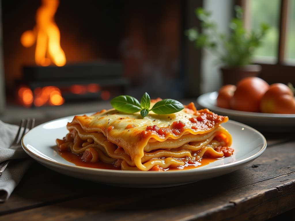  immagine di un piatto di lasagne al forno, foto still life in una casa di campagna con sfondo sfocato photorealistic hyperrealistic, full body, detailed clothing, highly detailed, cinematic lighting, stunningly beautiful, intricate, sharp focus, f/1. 8, 85mm, (centered image composition), (professionally color graded), ((bright soft diffused light)), volumetric fog, trending on instagram, trending on tumblr, HDR 4K, 8K