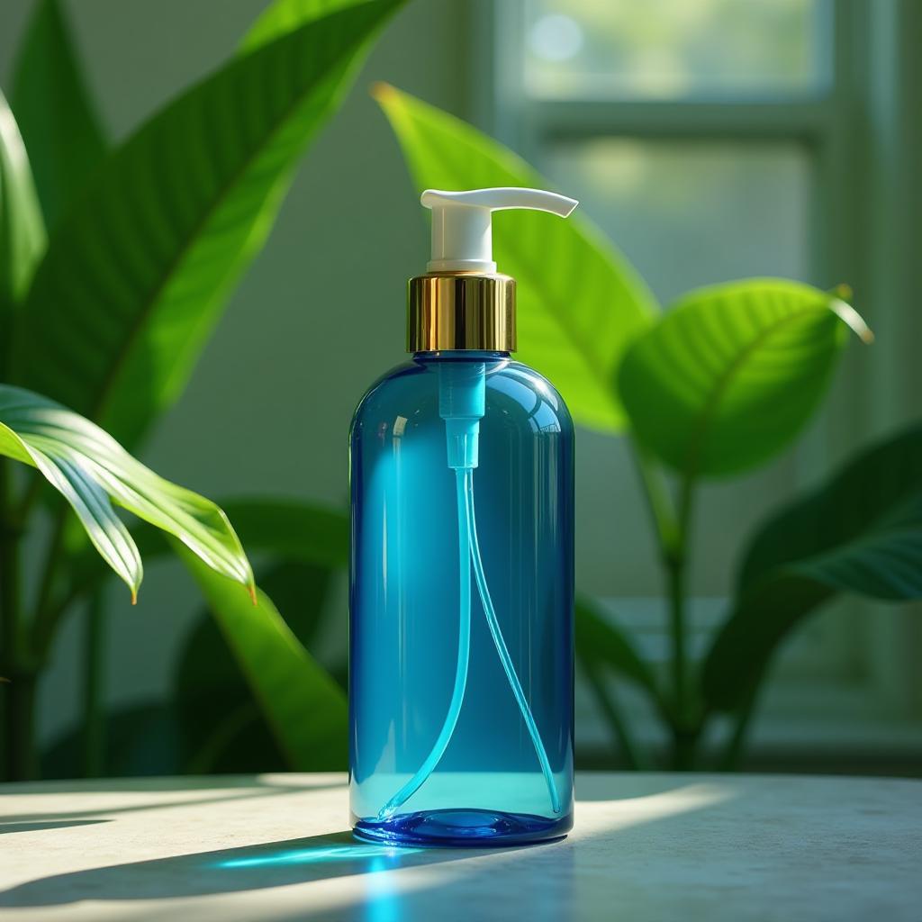  blue pump bottle with gold top on a table in front of tropical plants, high quality, high details, hd, perfect composition, 4k epic detailed, highly detailed, sharp focus, high resolution