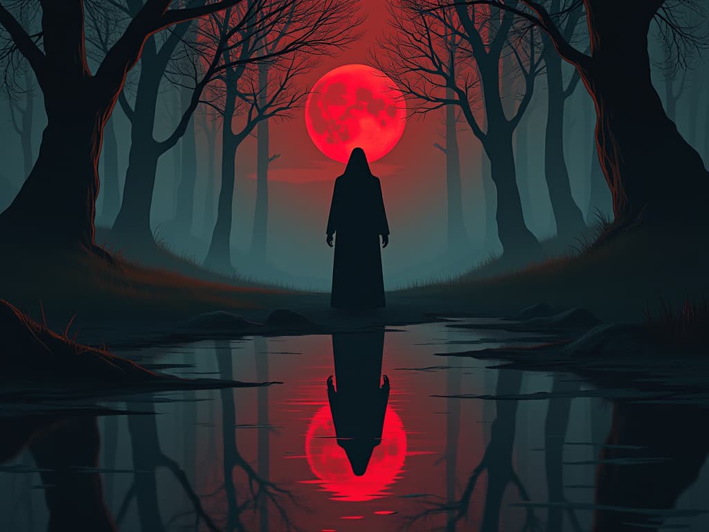  a murky, reflective pool amidst twisted trees, a figure gazing deep, fragmented reflection looking back. questioning core identity, dark and mysterious setting.. the style is dark fantasy and mysterious occult, symbolic, moody lighting, esoteric vibe,high detail on character design. for the color scheme emphasize blacks and reds.