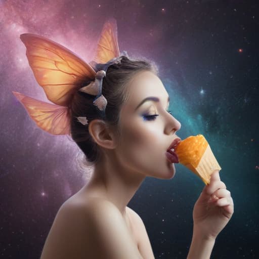 A fairy eating popsicle in Surrealist style with Space background