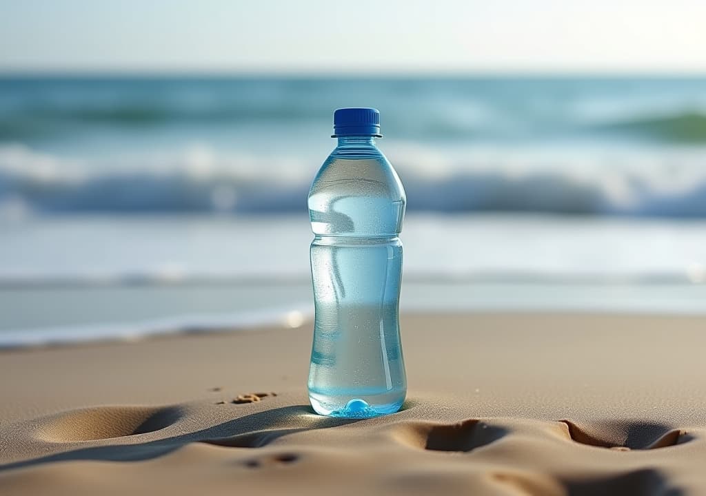  a clear water bottle stands on sandy beach with ocean waves in the background.