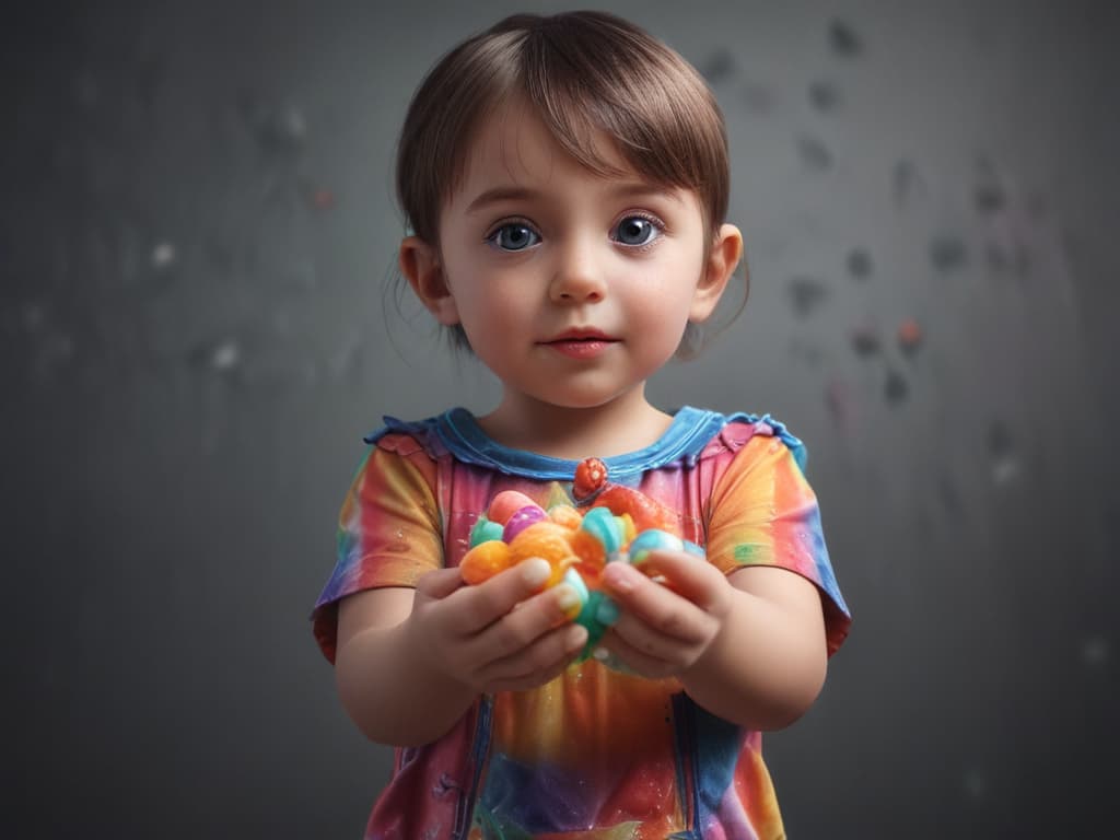 ultra realistic ((ultra realistic ((a child holding a handful of colorful candies saying 'some for you!')))) hyperrealistic, full body, detailed clothing, highly detailed, cinematic lighting, stunningly beautiful, intricate, sharp focus, f/1. 8, 85mm, (centered image composition), (professionally color graded), ((bright soft diffused light)), volumetric fog, trending on instagram, trending on tumblr, HDR 4K, 8K