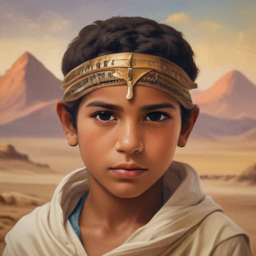 Egyptian boy in Oil painting style with Mountains background