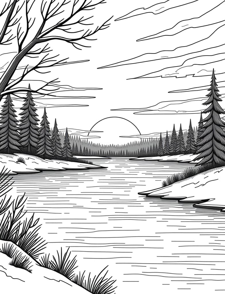  this is for an adult coloring page. a detailed black and white line art of a snowy winter sunrise over a frozen lake on a solid white background.